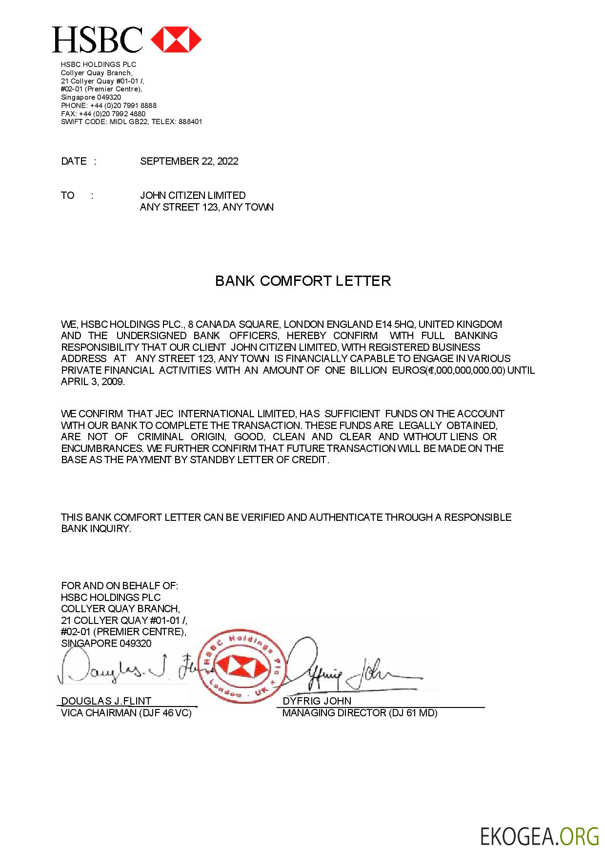 Lettre de référence de la banque HSBC de Singapour